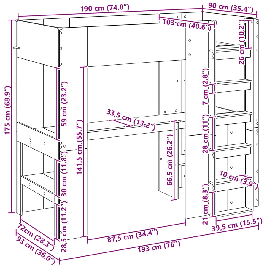 Cadre de lit superposé avec bureau Gris béton 90 x 190 cm - 8