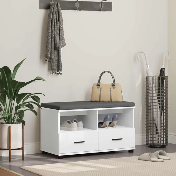 Banc d'entrée Blanc 80 x 38 x 46 cm Bois Ingénierie et Tissu