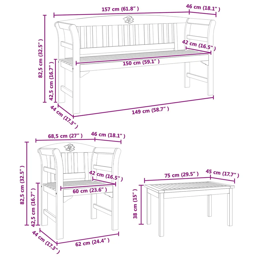Ensemble de salon Rose de jardin 4 pcs Bois d'Acacia Massif - 9