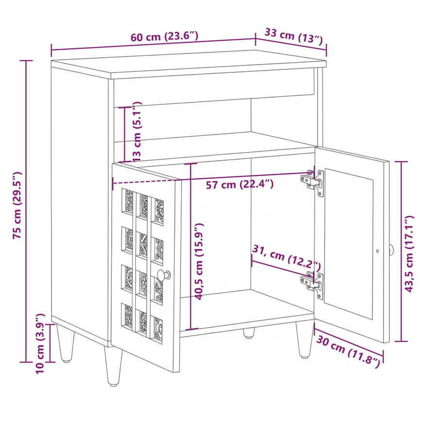 Buffet avec porte Noyer 60 x 33 x 75 cm Bois de mangue massif - 12