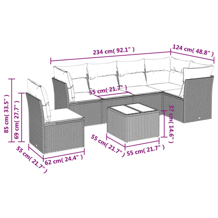 Salon de jardin avec coussins 7 pcs beige résine tressée - 7