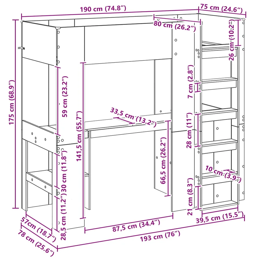 Cadre de lit superposé avec bureau Blanc 75 x 190 cm - 8