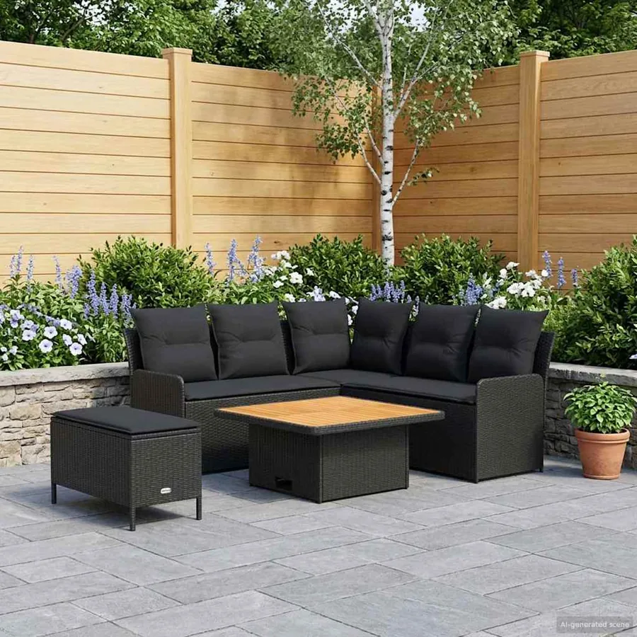 Ensembles de meubles avec oreiller 5 pcs Noir Rotin PE