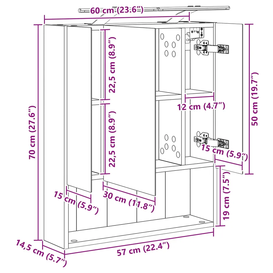 Armoire Miroir de Salle de Bain Gris béton 60 x 14.5 x 70 cm - 13