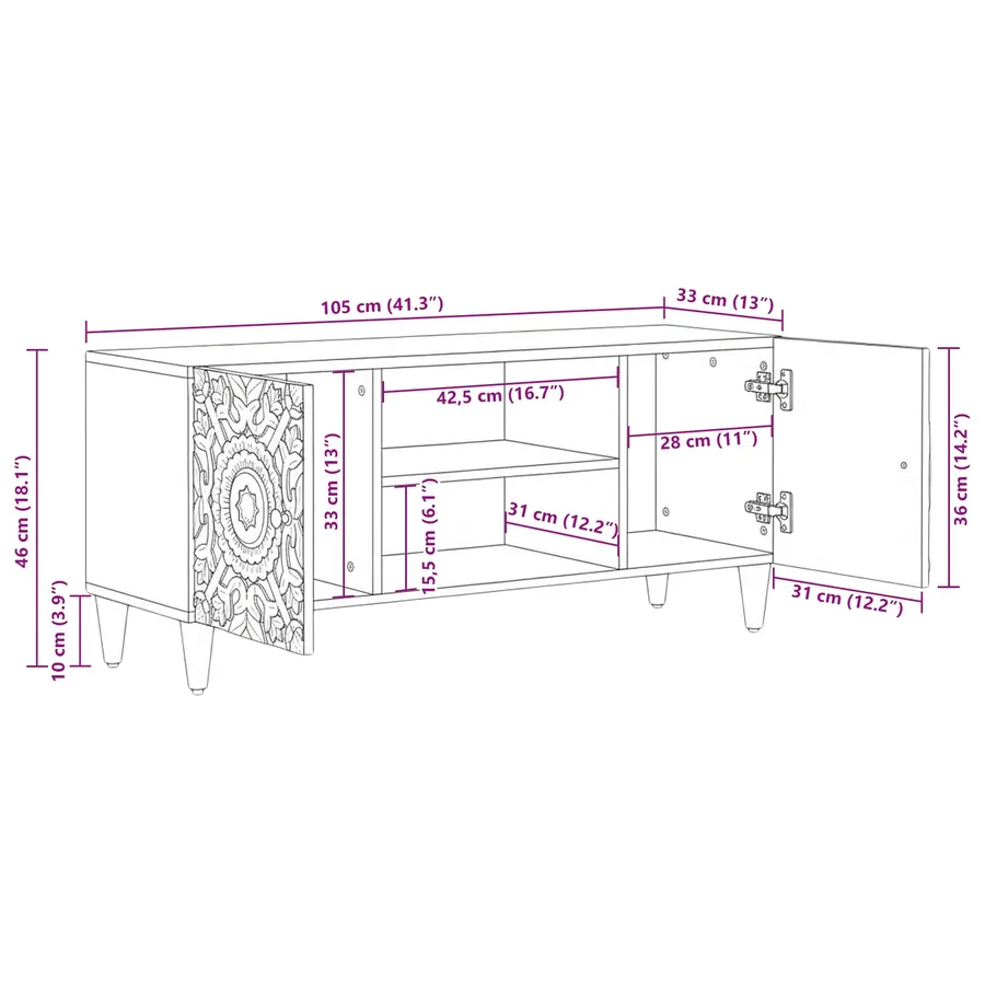 Meuble TV Marron 105 x 33,5 x 46 cm Bois de mangue massif - 11