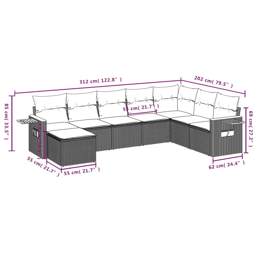 Salon de jardin 8 pcs avec coussins noir résine tressée - 9