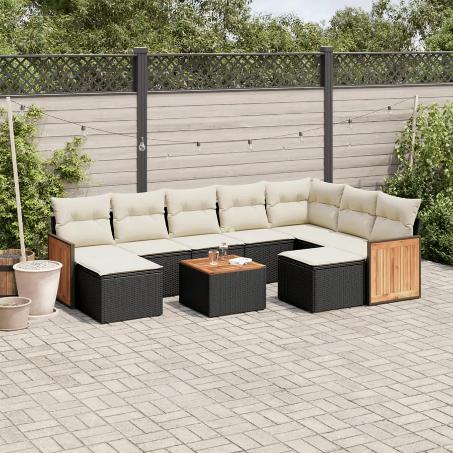Salon de jardin 10 pcs avec coussins noir résine tressée