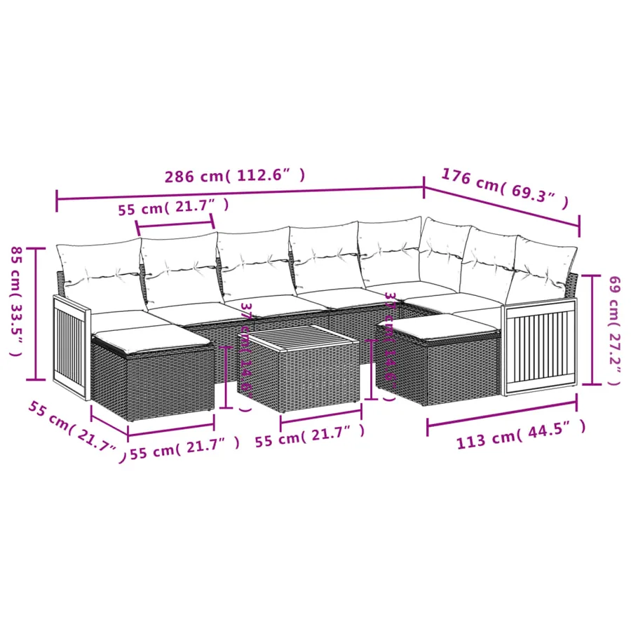 Salon de jardin 10 pcs avec coussins noir résine tressée - 9
