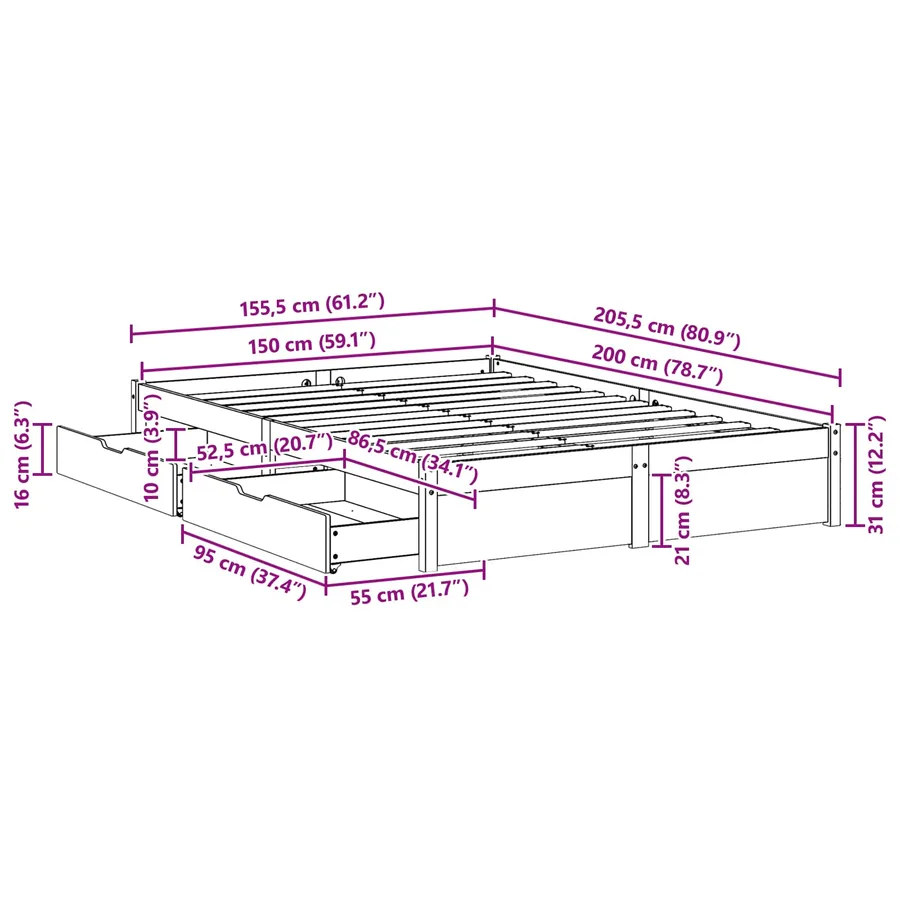 Cadre de lit Cire marron 150 x 200 cm Bois de Pin Massif - 8