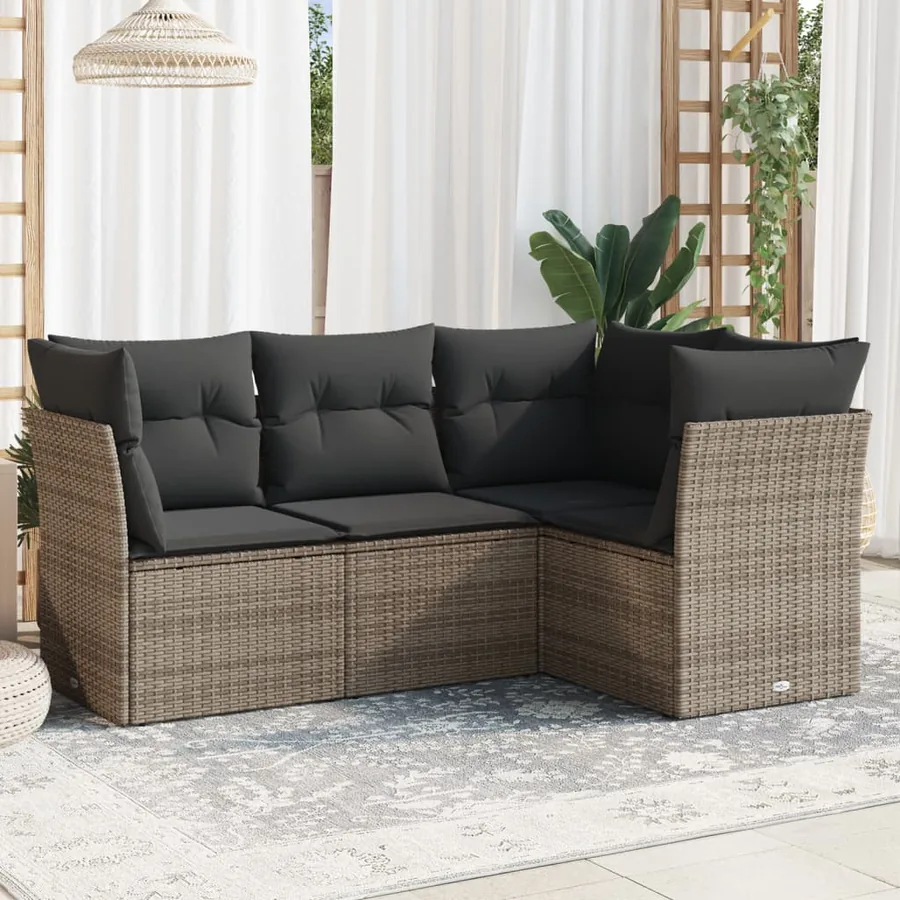 Salon de jardin 4 pcs avec coussins gris résine tressée