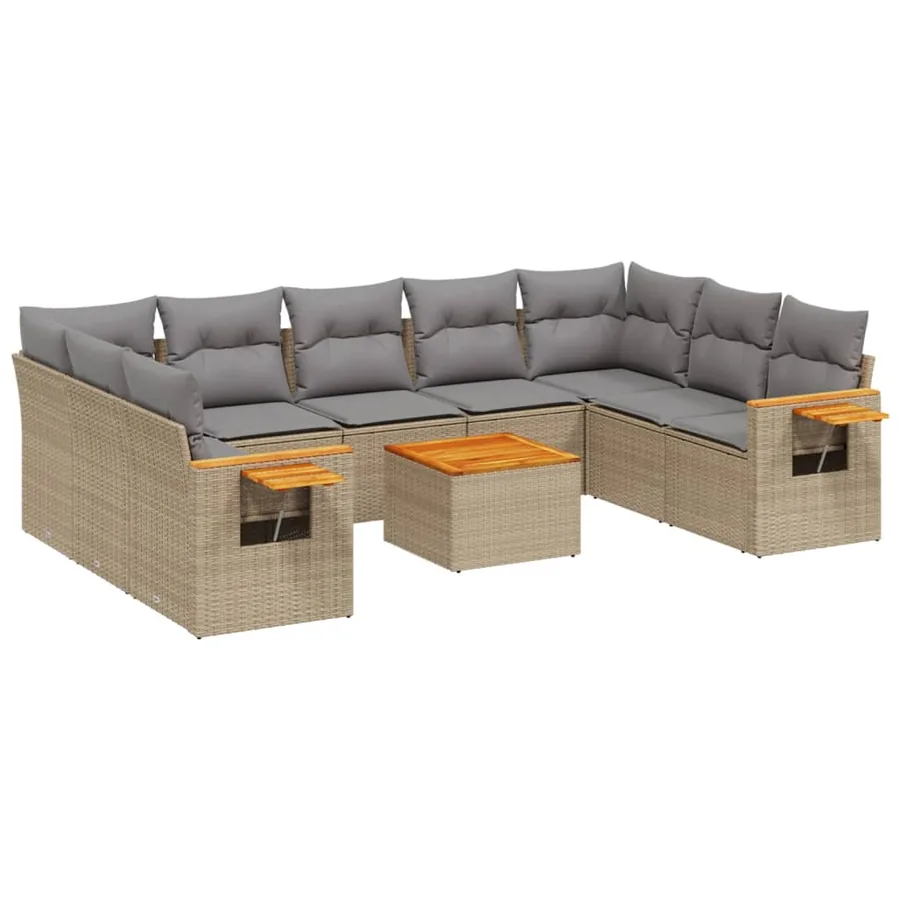 Salon de jardin avec coussins 10 pcs beige résine tressée - 2