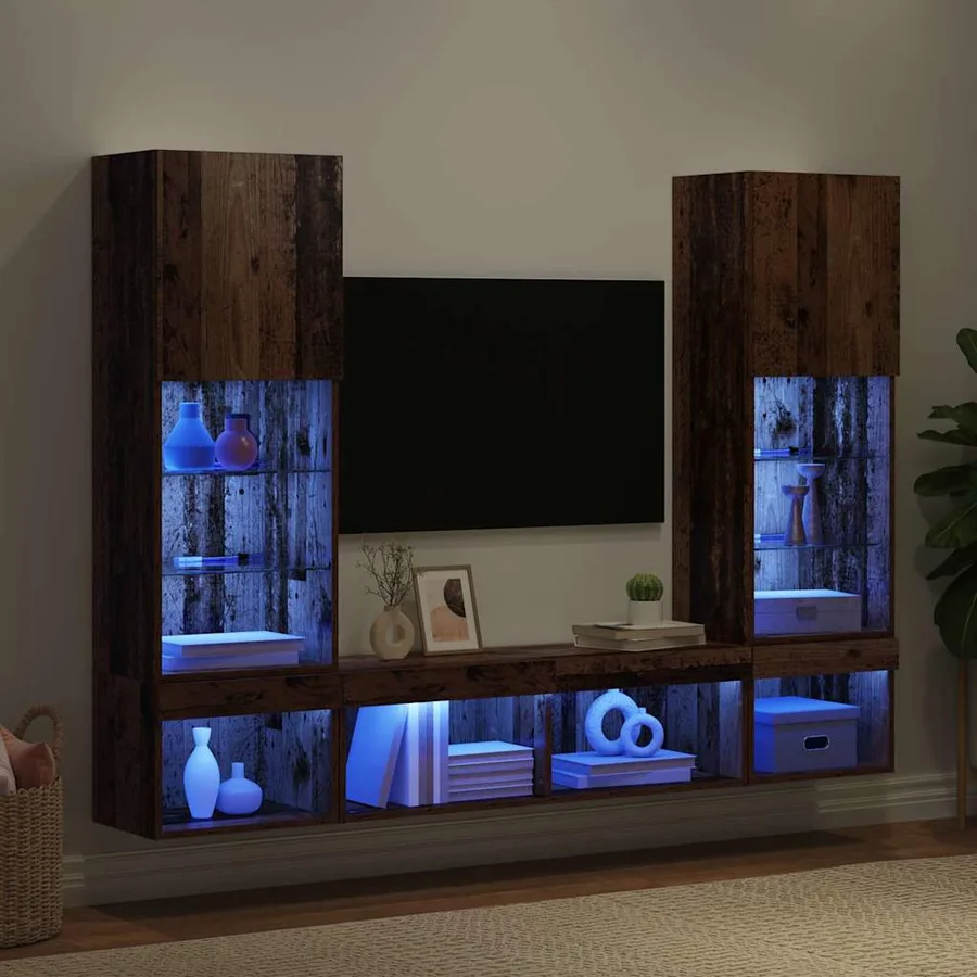 Unités murales TV avec LED 5 pcs Bois ancien Bois d'ingénierie - 5