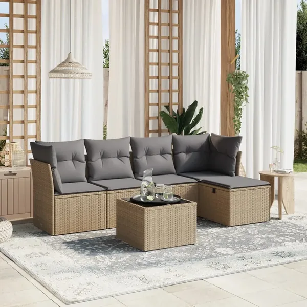 Salon de jardin avec coussins 6pcs mélange beige résine tressée