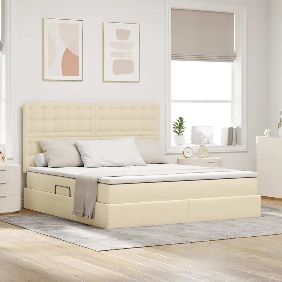 Lit avec rangement et matelas Crème 180 x 200 cm tissu