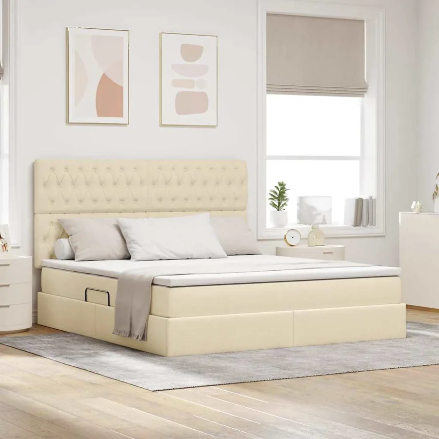 Lit avec rangement et matelas Crème 180 x 200 cm tissu