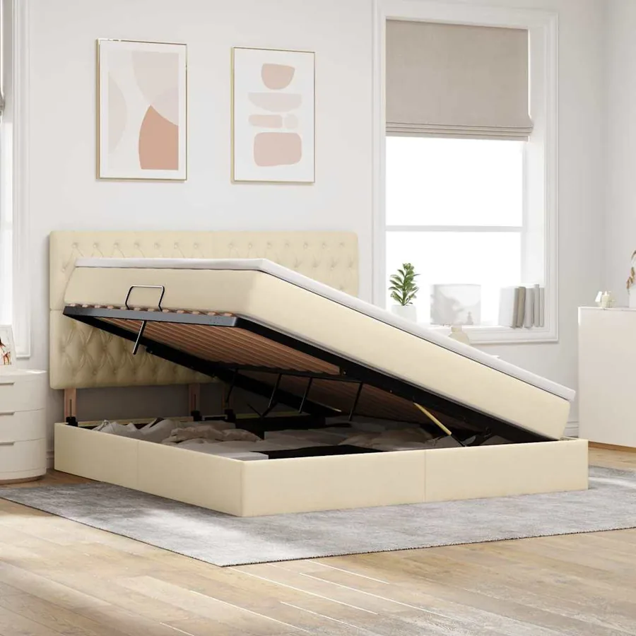 Lit avec rangement et matelas Crème 180 x 200 cm tissu - 4