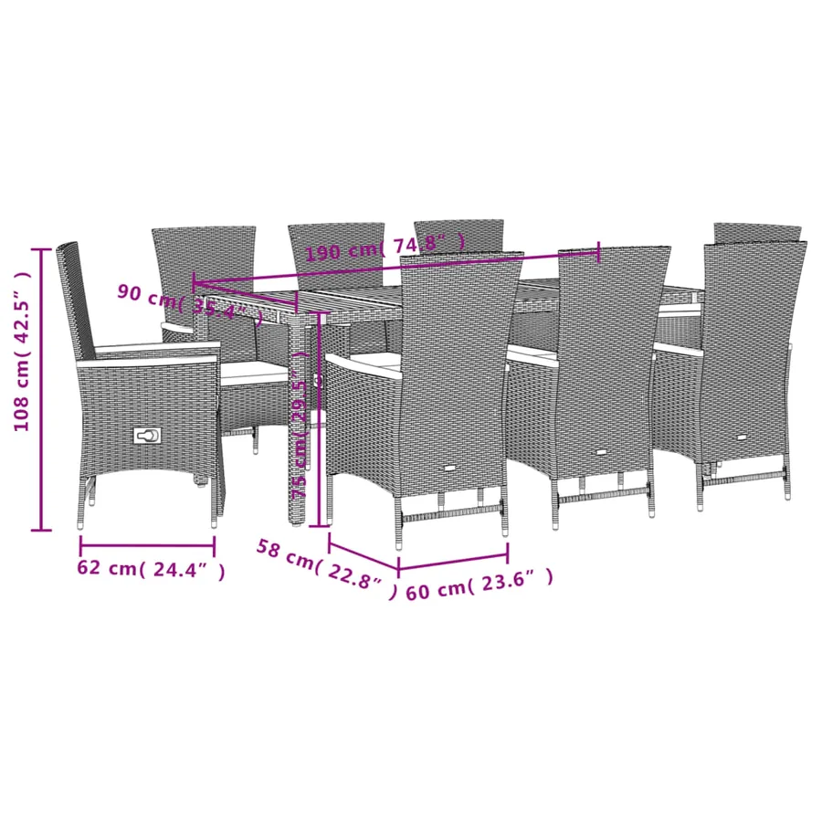 Ensemble à manger de jardin 9pcs coussins noir résine tressée - 5