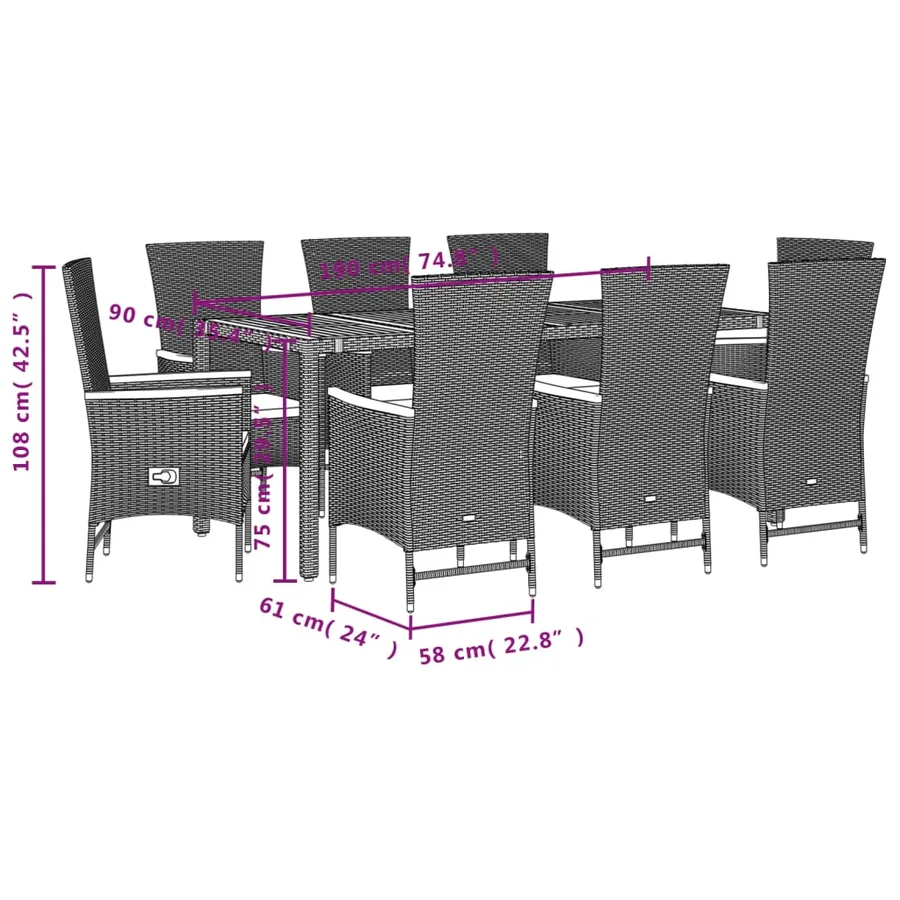 Ensemble à manger de jardin 9pcs coussins noir résine tressée - 5