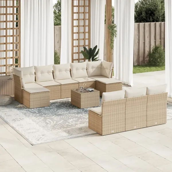 Salon de jardin 11 pcs avec coussins beige résine tressée