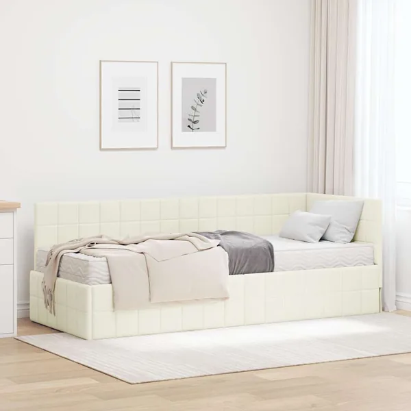 Cadre de lit d'angle avec matelas 2 pcs Crème Velours