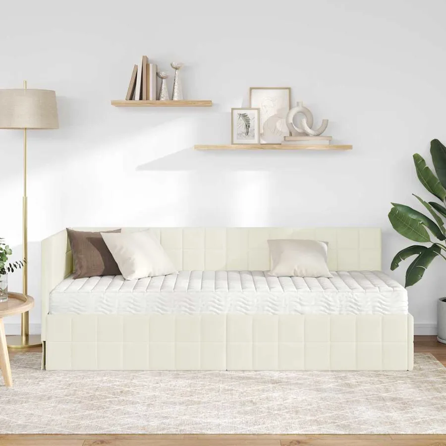 Cadre de lit d'angle avec matelas 2 pcs Crème Velours - 3