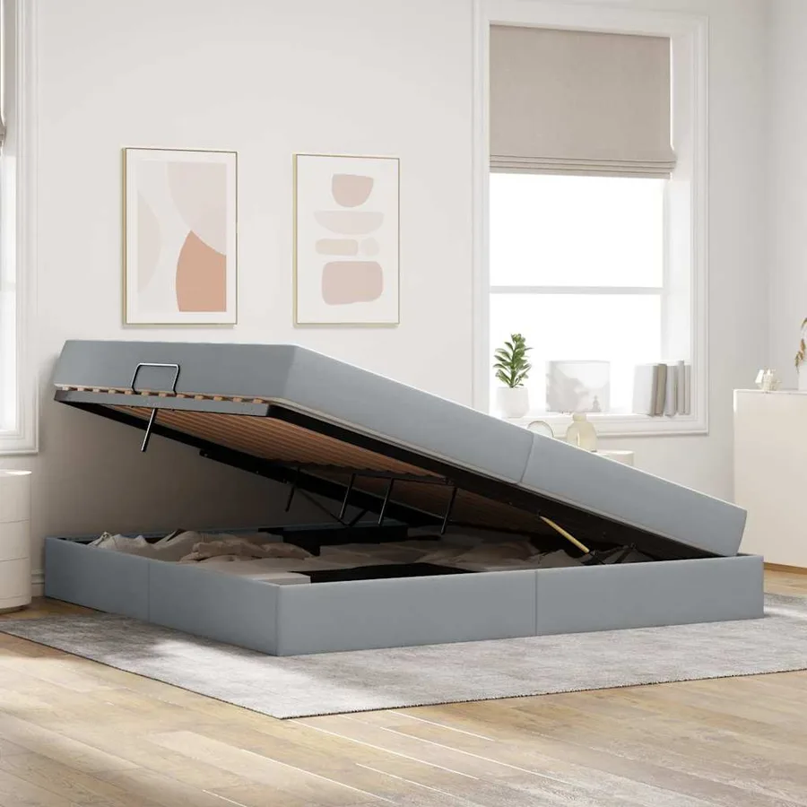 Lit avec rangement et matelas Gris clair 200 x 200 cm Polyester - 4