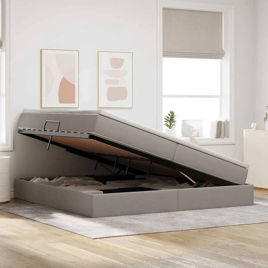 Lit avec rangement et matelas Taupe 200 x 200 cm Polyester - 4