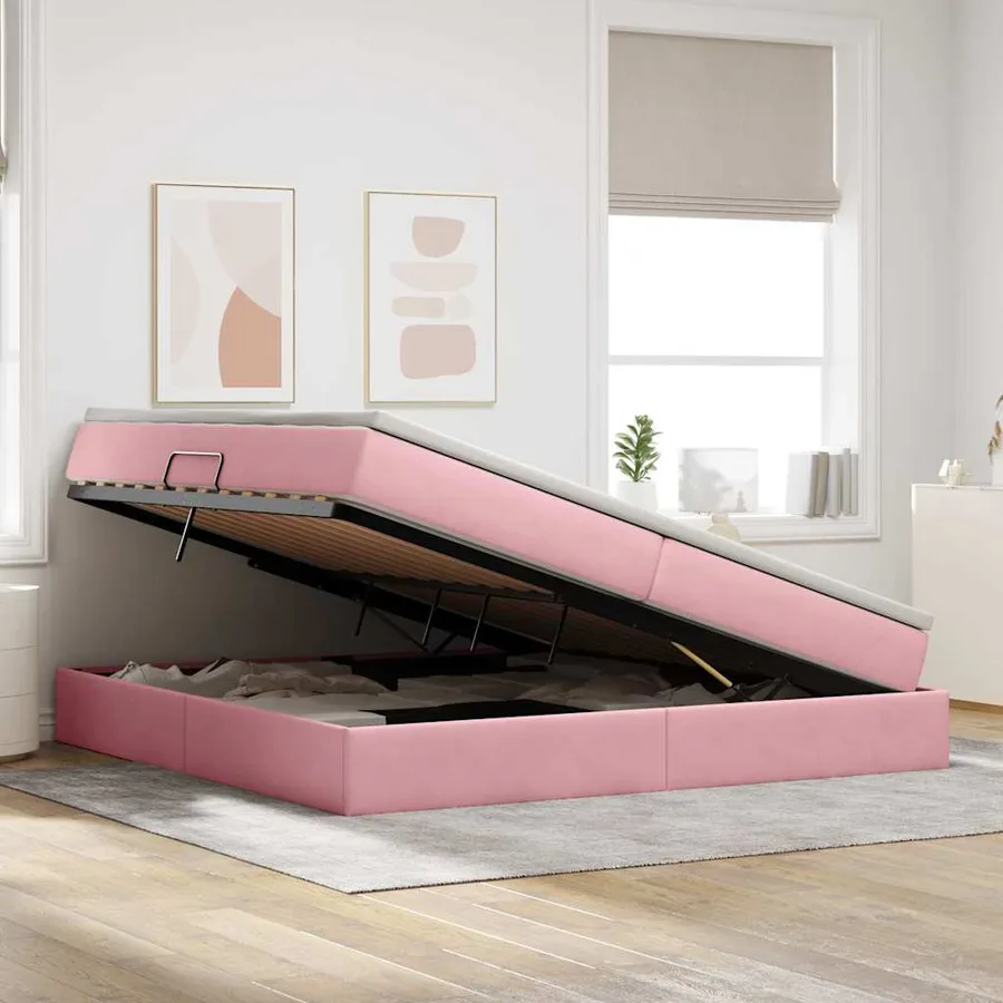 Lit avec rangement et matelas Rose 200 x 200 cm Velours - 4
