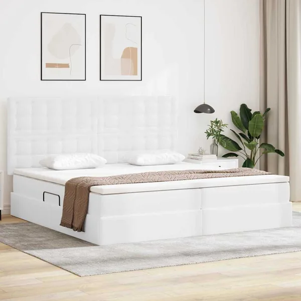 Lit avec rangement et LED Blanc pur 200 x 200 cm Simili cuir