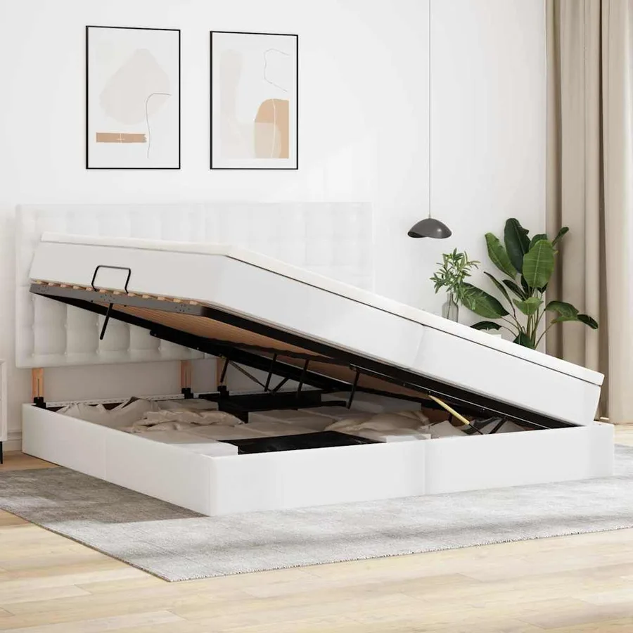 Lit avec rangement et LED Blanc pur 200 x 200 cm Simili cuir - 4