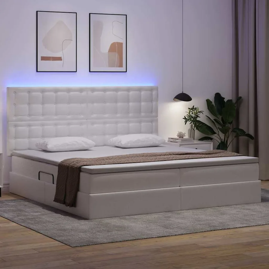 Lit avec rangement et LED Blanc pur 200 x 200 cm Simili cuir - 5