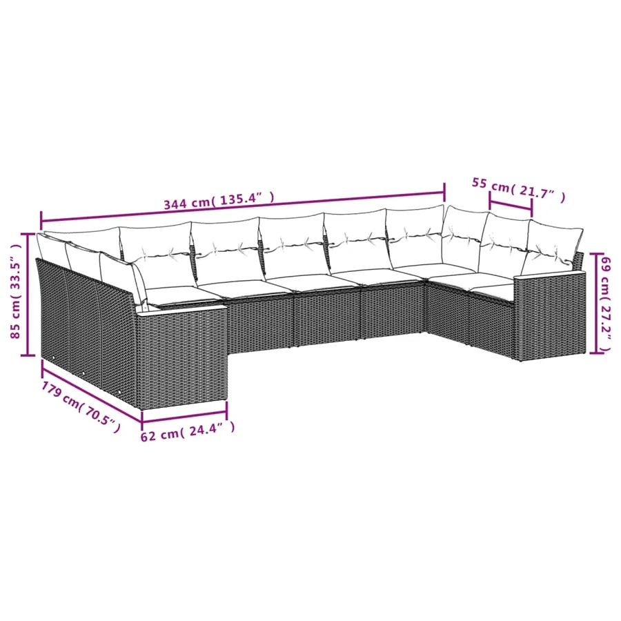 Salon de jardin avec coussins 10 pcs beige résine tressée - 7