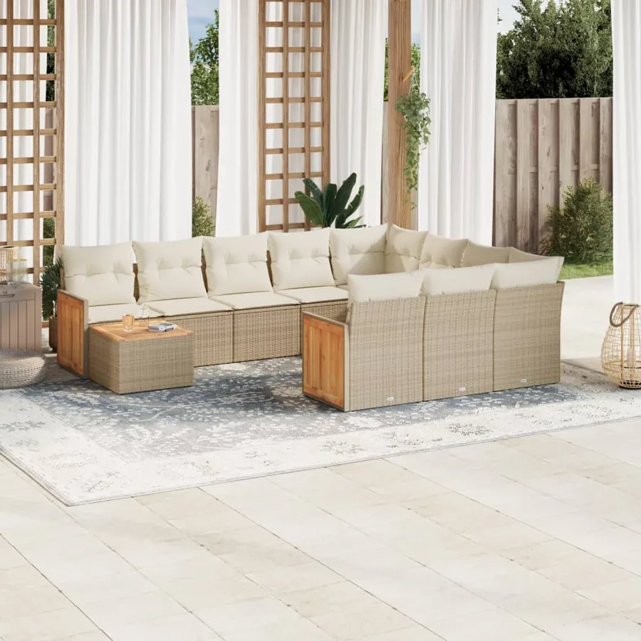 Salon de jardin 11 pcs avec coussins beige résine tressée
