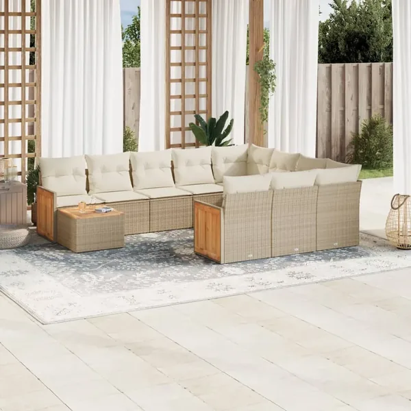Salon de jardin 11 pcs avec coussins beige résine tressée