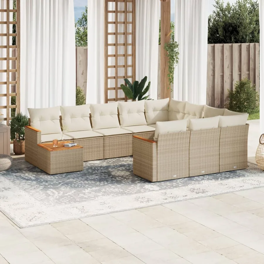 Salon de jardin 11 pcs avec coussins beige résine tressée