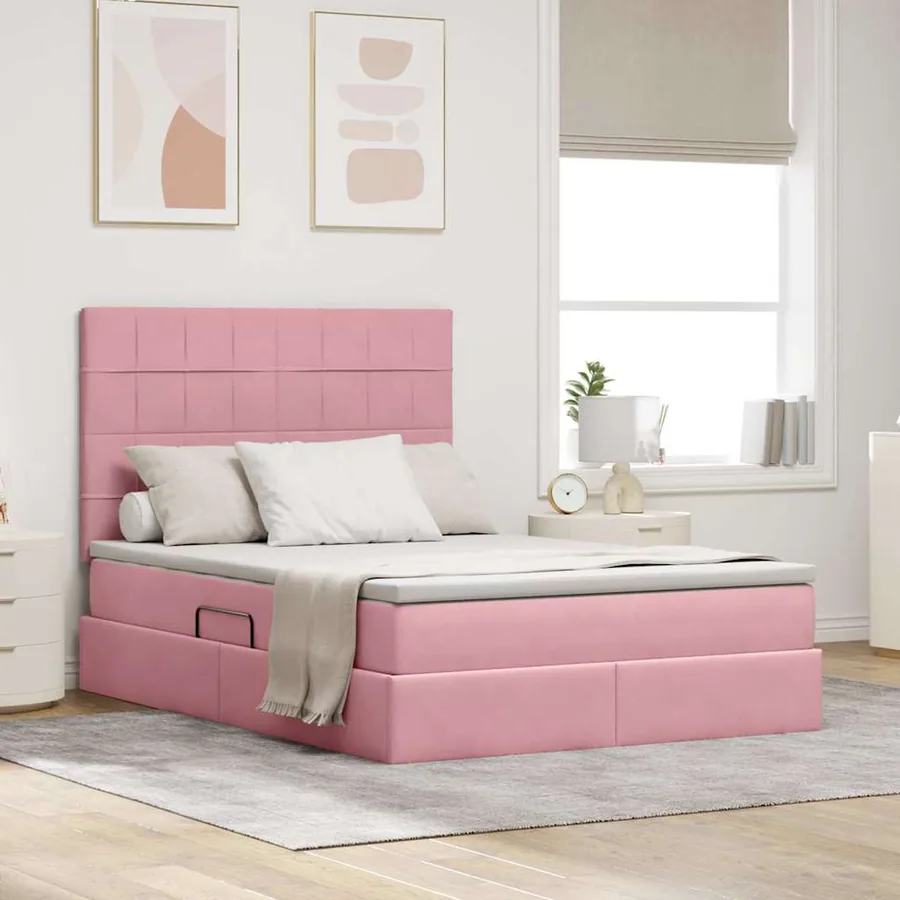 Lit de rangement LED avec matelas Rose 140 x 190 cm Velours
