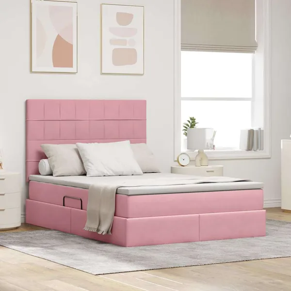 Lit de rangement LED avec matelas Rose 140 x 190 cm Velours