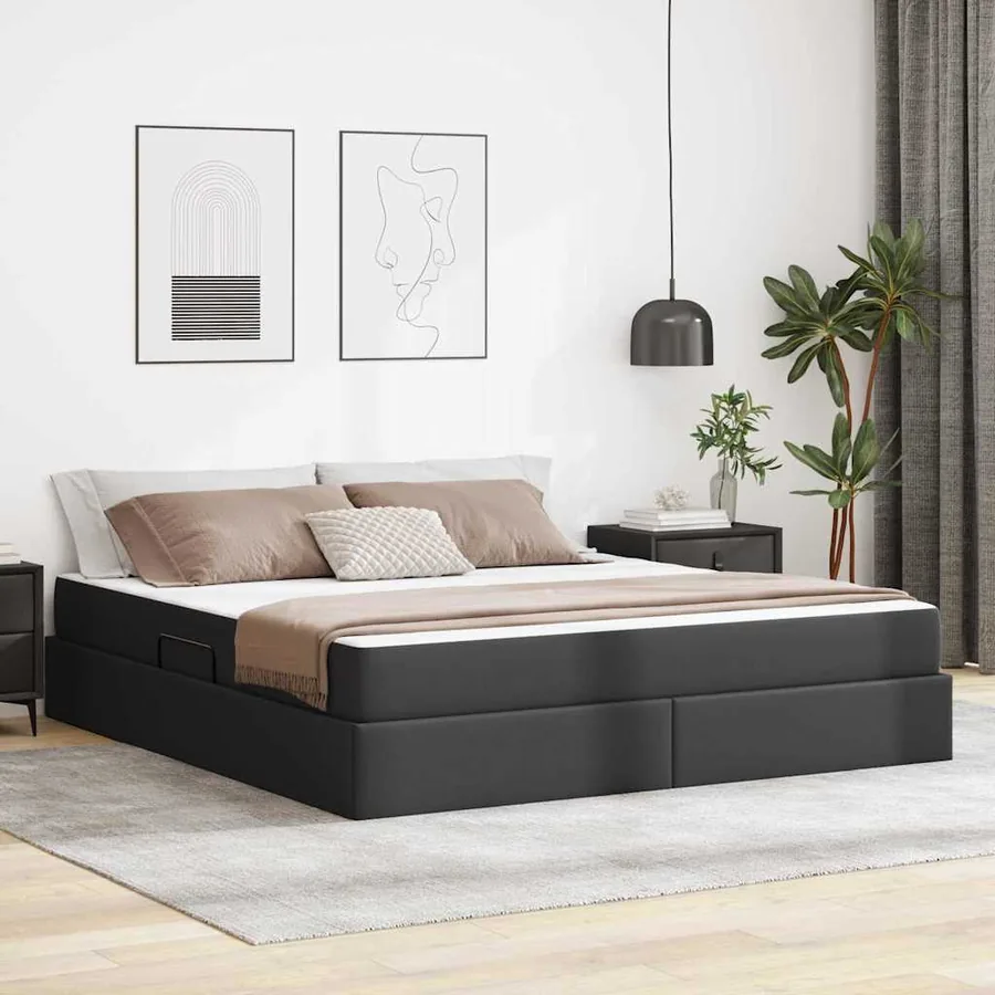 Lit avec rangement et matelas avec matelas 2 pcs Noir Cuir