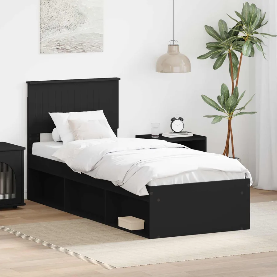 Cadre de lit avec tête de lit Noir 75 x 190 cm Pin massif