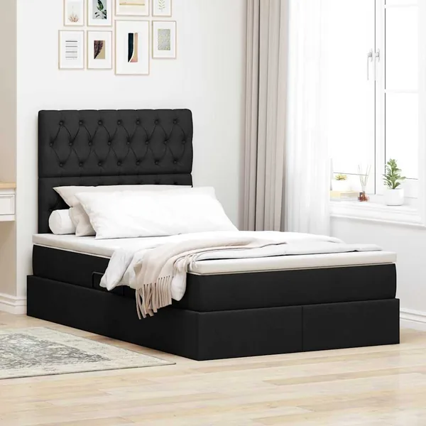 Lit avec rangement et matelas Noir 120 x 200 cm tissu