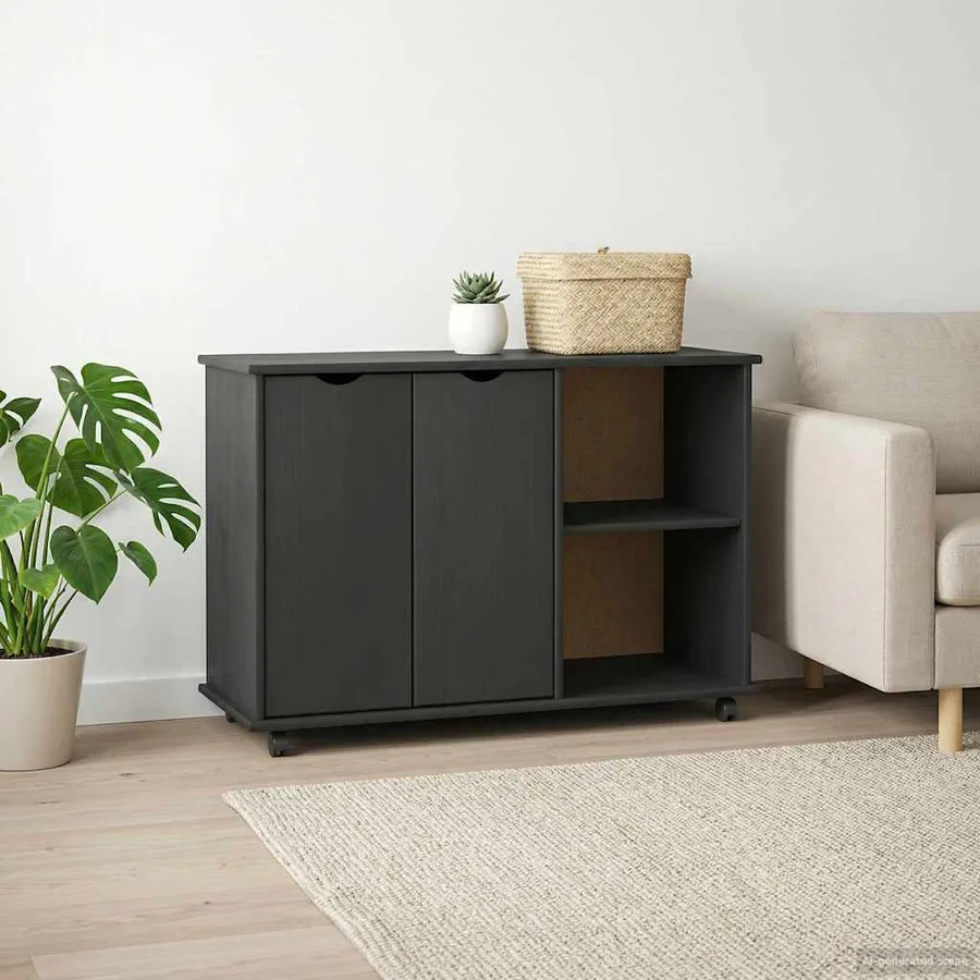 Cabinet roulant Gris 100 x 39 x 65,5 cm Bois de Pin Massif - 3