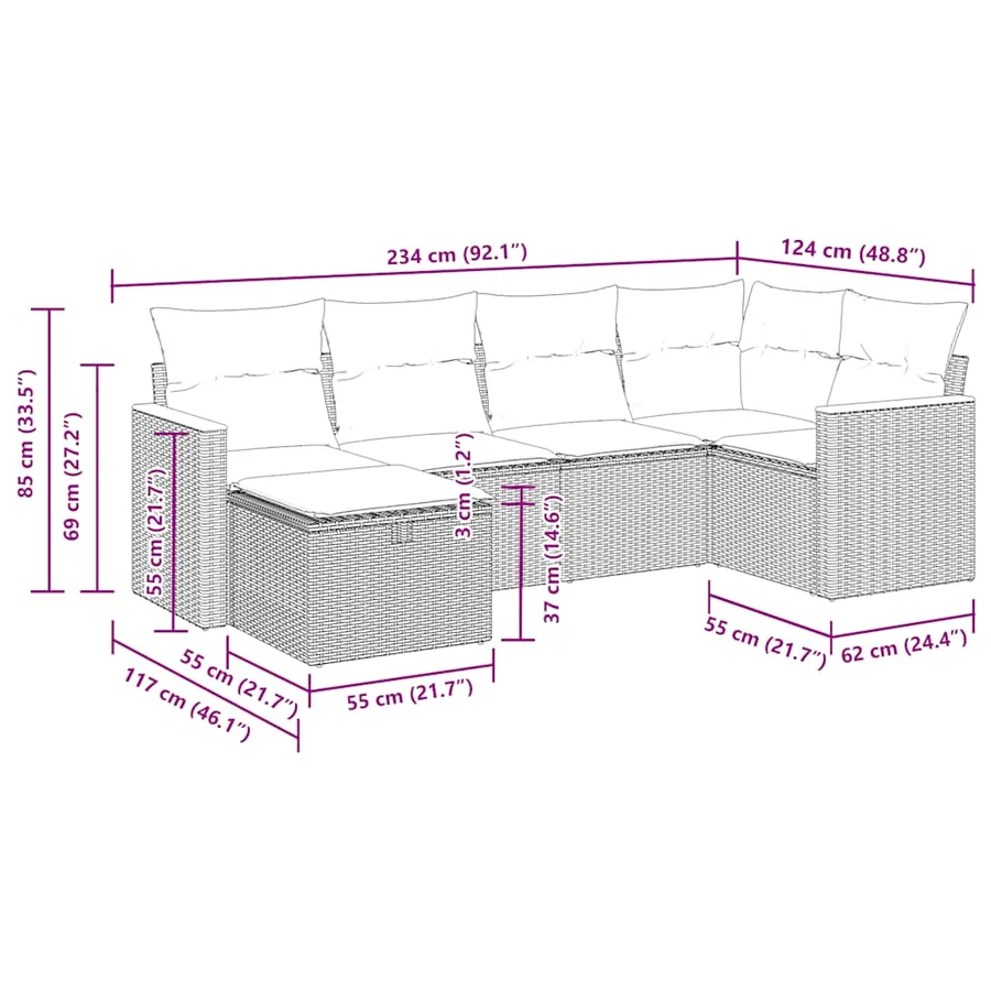 Salon de jardin 6 pcs avec coussins noir résine tressée - 14