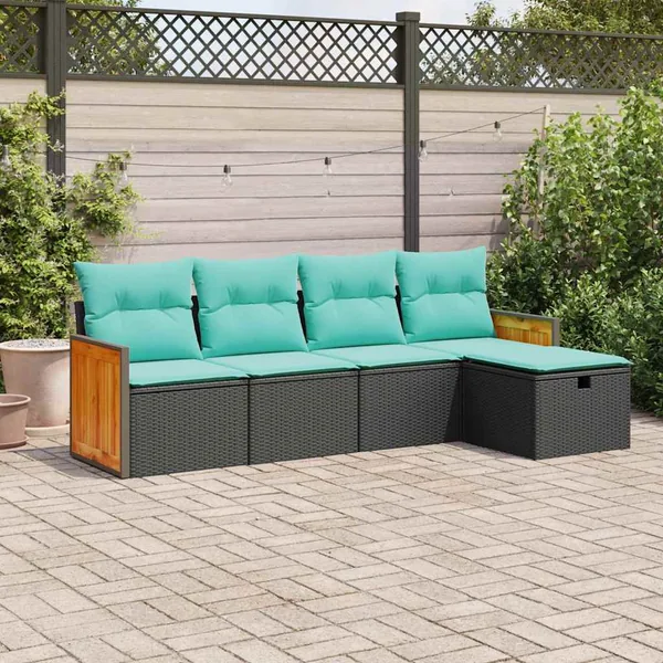 Salon de jardin 5 pcs avec coussins noir résine tressée