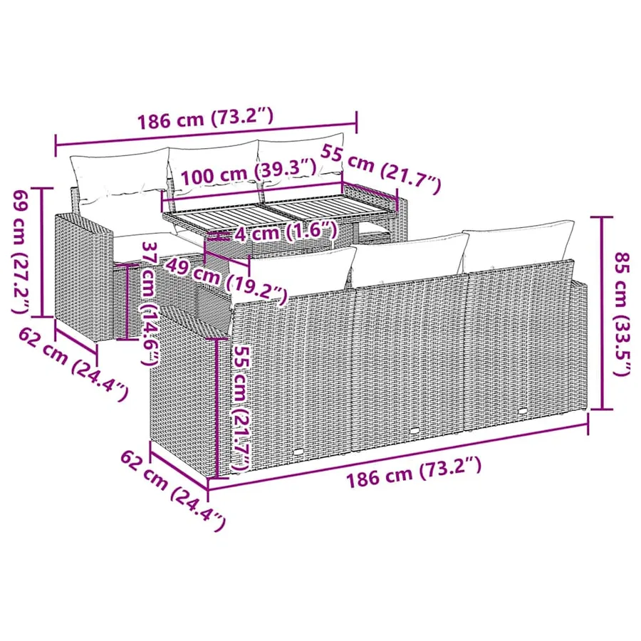 Salon de jardin 7 pcs avec coussins noir résine tressée 55 x 62 x 69 cm - 67,2 kg - 12