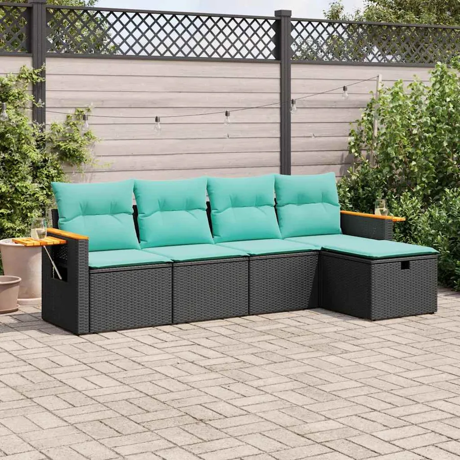 Salon de jardin 5 pcs avec coussins noir résine tressée