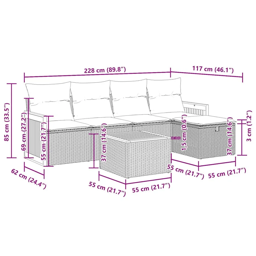Salon de jardin 6 pcs avec coussins noir résine tressée - 13