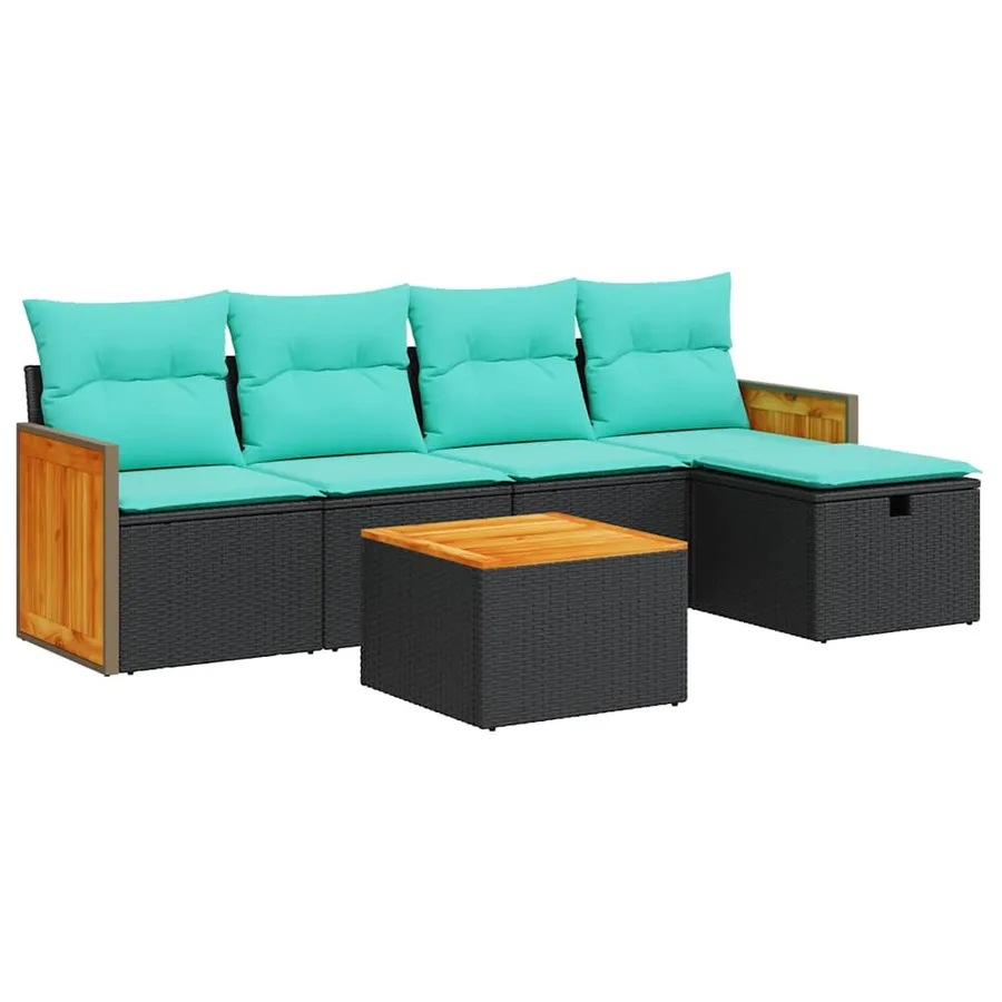 Salon de jardin 6 pcs avec coussins noir résine tressée - 2