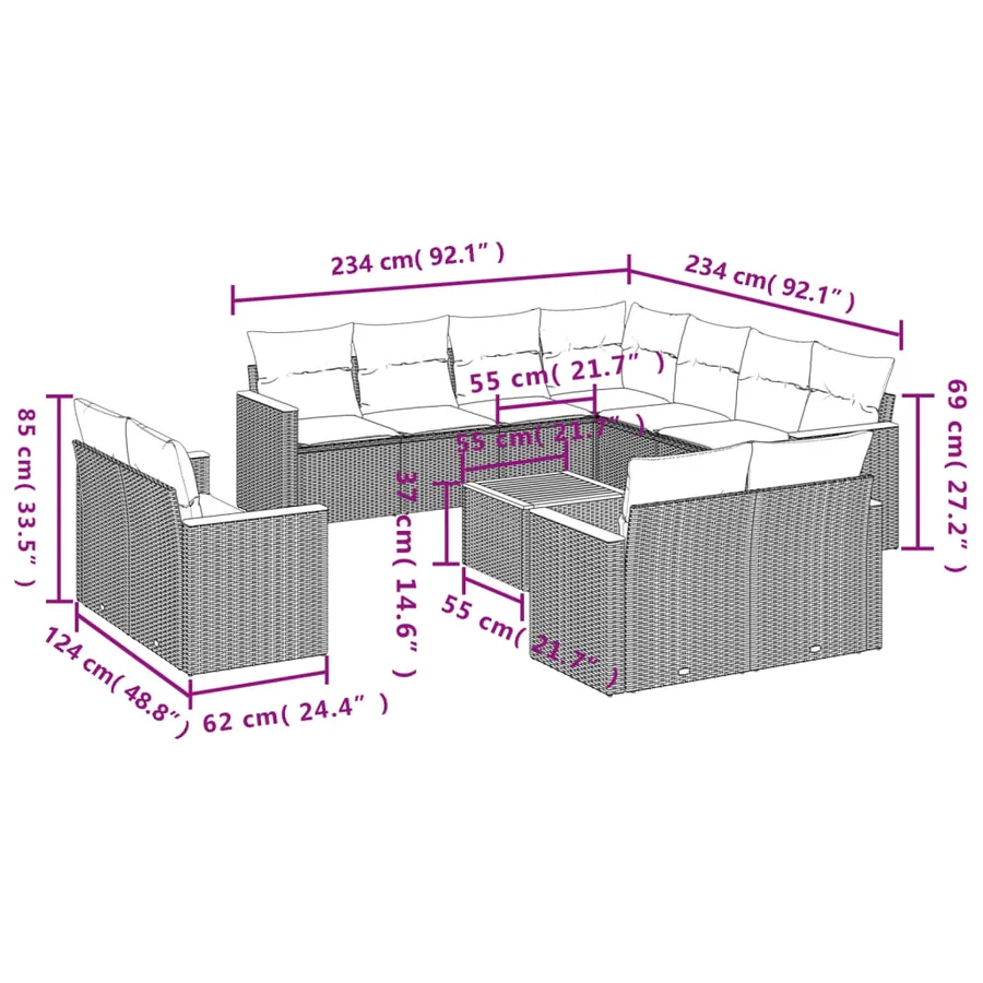 Salon de jardin avec coussins 12 pcs beige résine tressée - 8