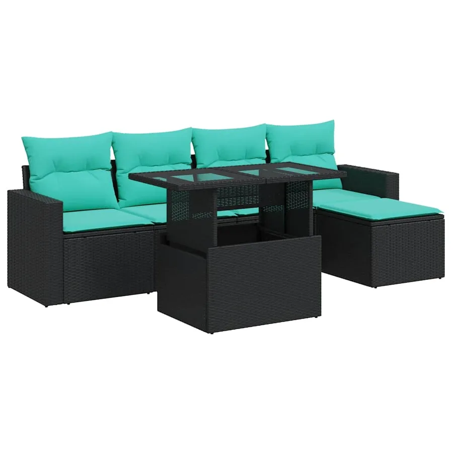 Salon de jardin 6 pcs avec coussins noir résine tressée acacia - 2