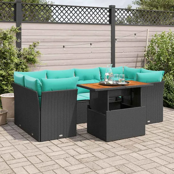 Salon de jardin 7 pcs avec coussins noir résine tressée 55 x 62 x 69 cm - 69,2 kg